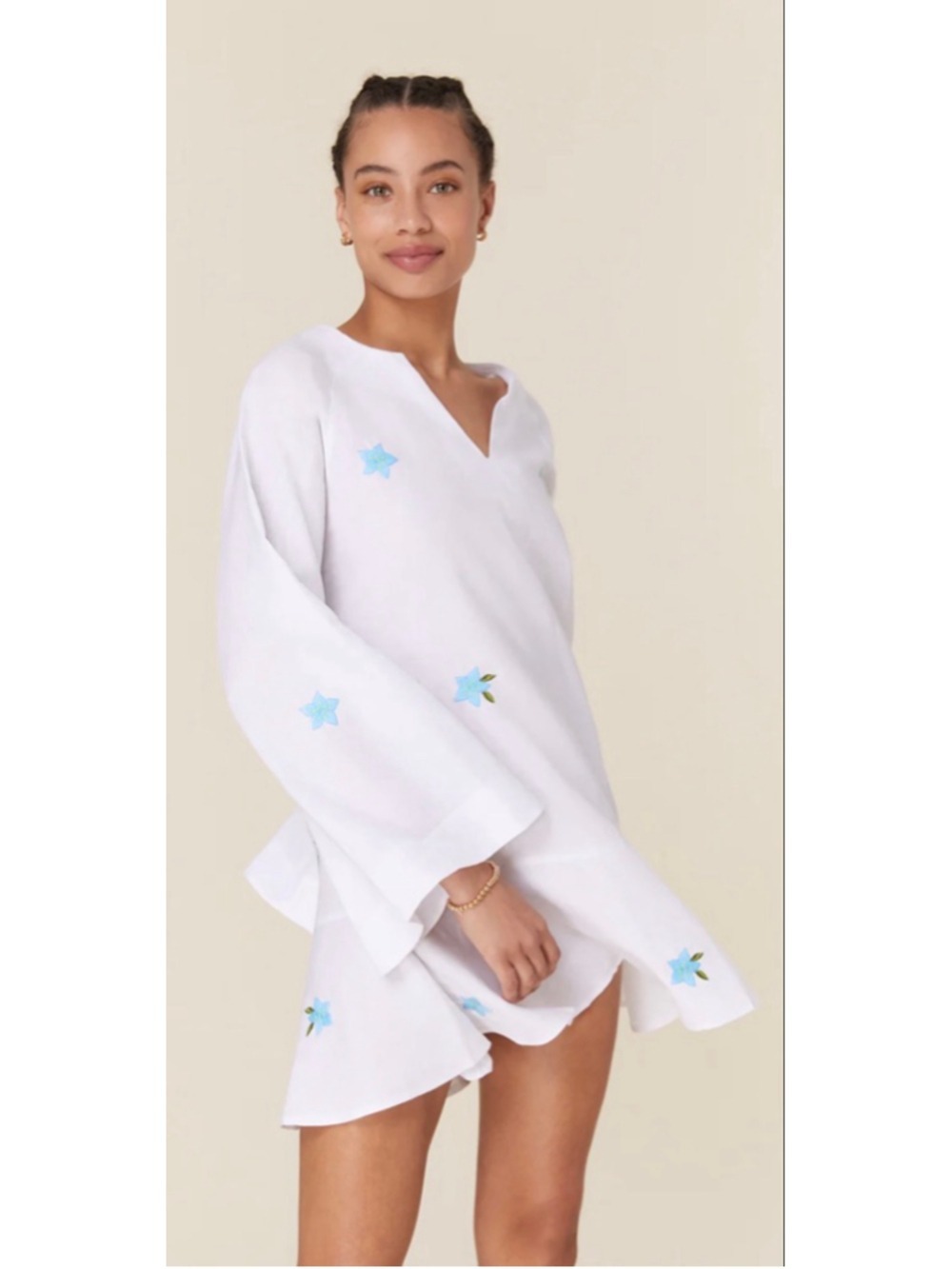 BWT Women's FANM MON White Serik Mini Dress with Blue Floral Embroidery M